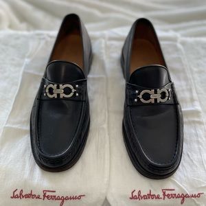 Salvatore Ferragamo Black Leather Moccasin with Gancini Ornament (Size 8 1/2)